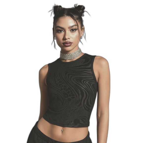 I.AM.GIA. Black Sheer Zip Zag Pattern Club Rave Tank Top Shirt  Women's Size XS - Picture 1 of 8